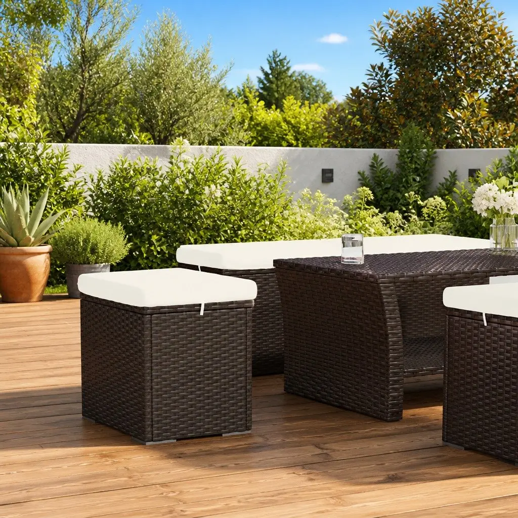 Ottoman Footrest Brown Poly Rattan Garden Patio Relaxation Seat with Cushion