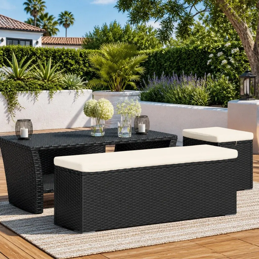 Outdoor Ottoman Bench with Removable Cushion Black Poly Rattan Patio Seating
