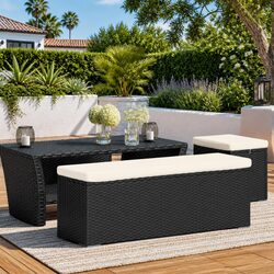Outdoor Ottoman Bench with Removable Cushion Black Poly Rattan Patio Seating