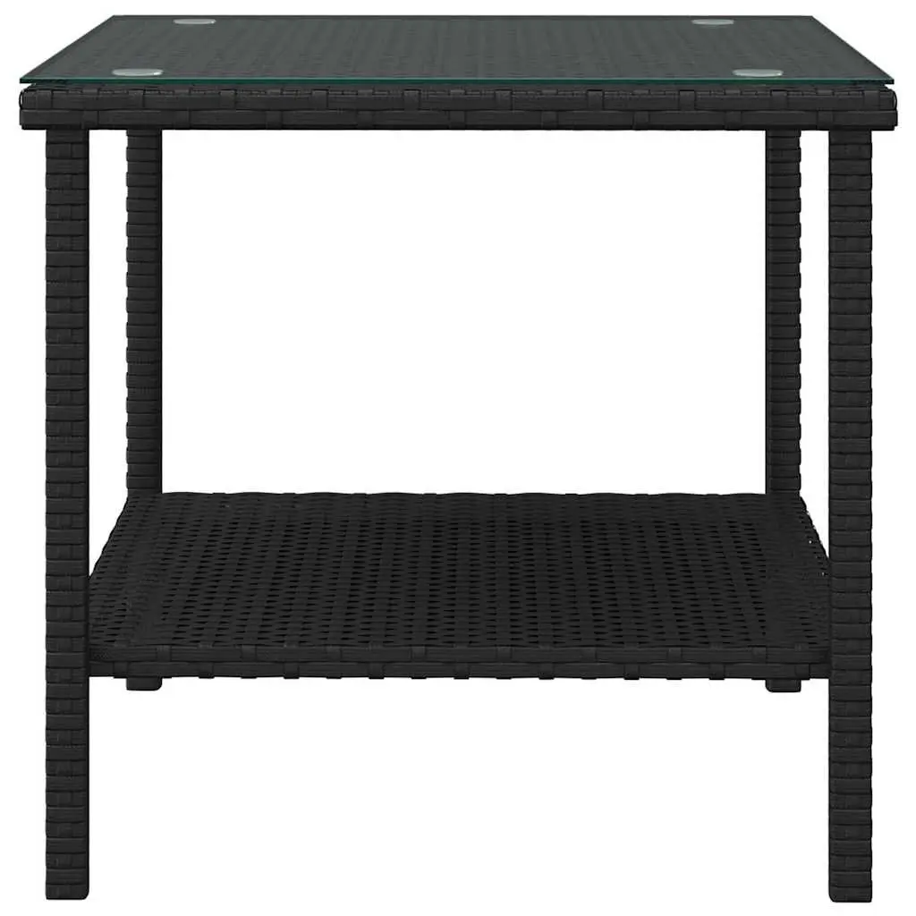 Side Table Black Poly Rattan Tempered Glass Top 45x45x45cm Garden Patio Outdoor