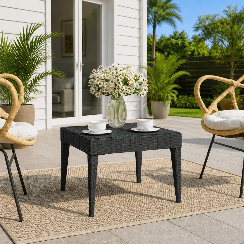 Side Table Black Weather Resistant 50x50x38 cm Poly Rattan Tempered Glass Indoor Outdoor