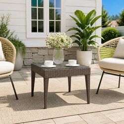 End Table Side Table Brown 50x50x38cm Poly Rattan Tempered Glass Indoor Outdoor