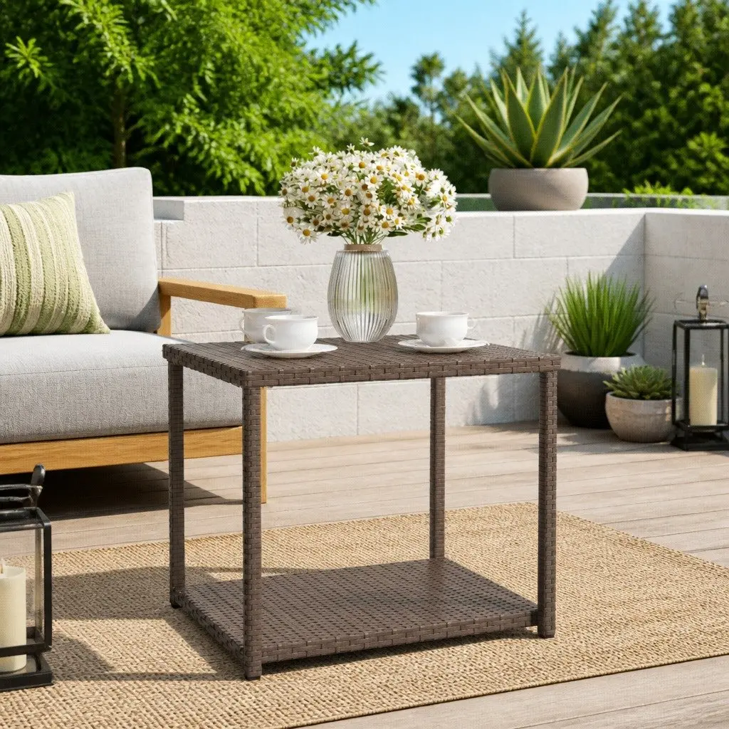 Side Table Brown 55x45x49 cm PE Rattan 2 Layer Outdoor Indoor Accent Table