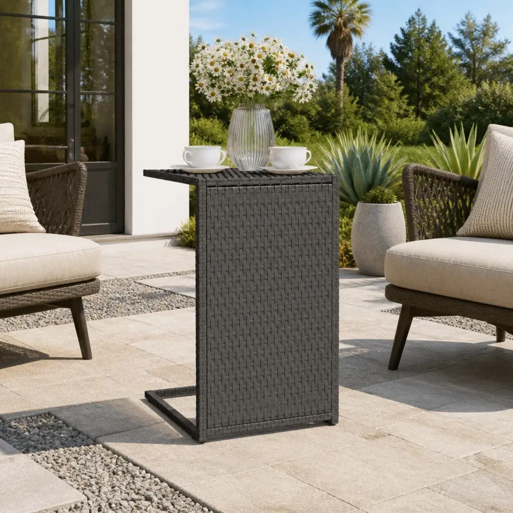 C-Shaped Side Table Black Weather Resistant 40x35x60cm Poly Rattan Accent End Table