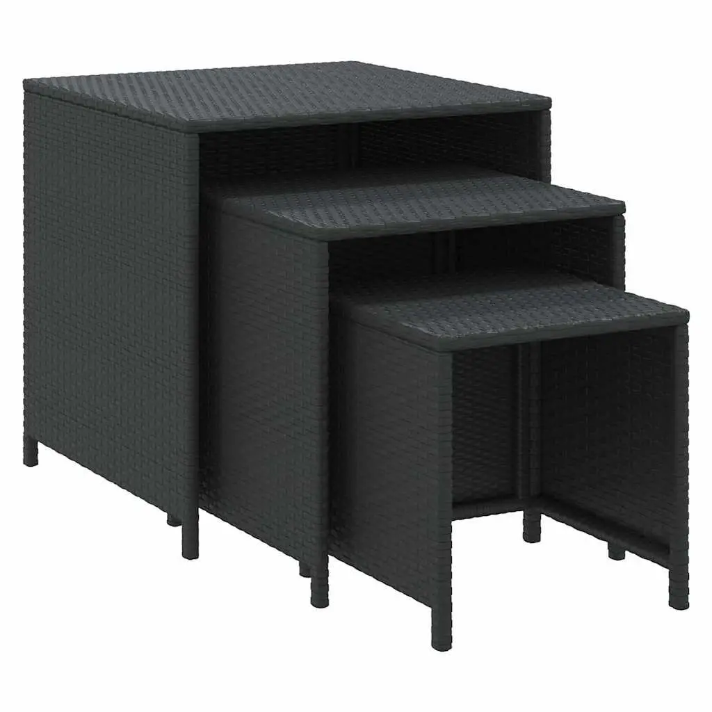 Nesting Tables 3 Pieces Black Poly Rattan End Side Coffee Tables Storage