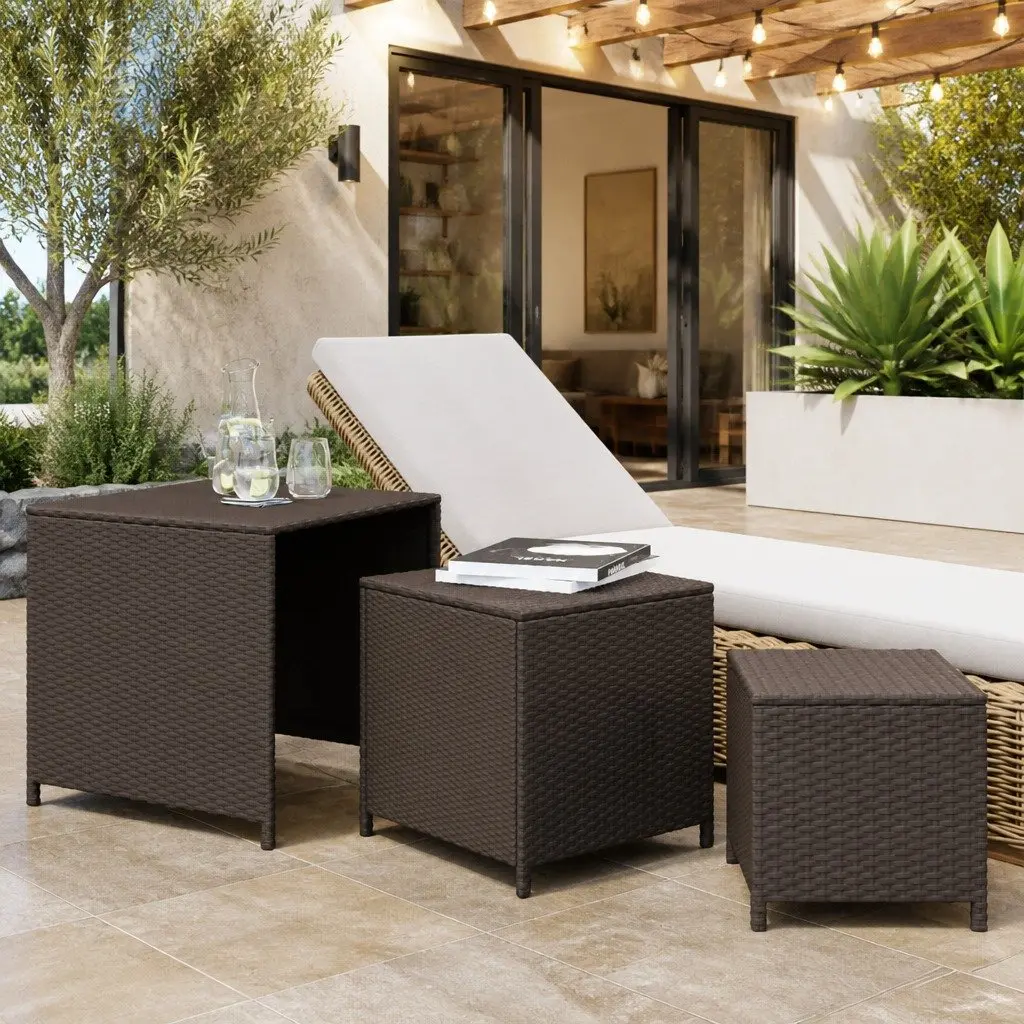 Nesting Tables Set Brown PE Rattan Powder-Coated Steel Frame 3 Piece