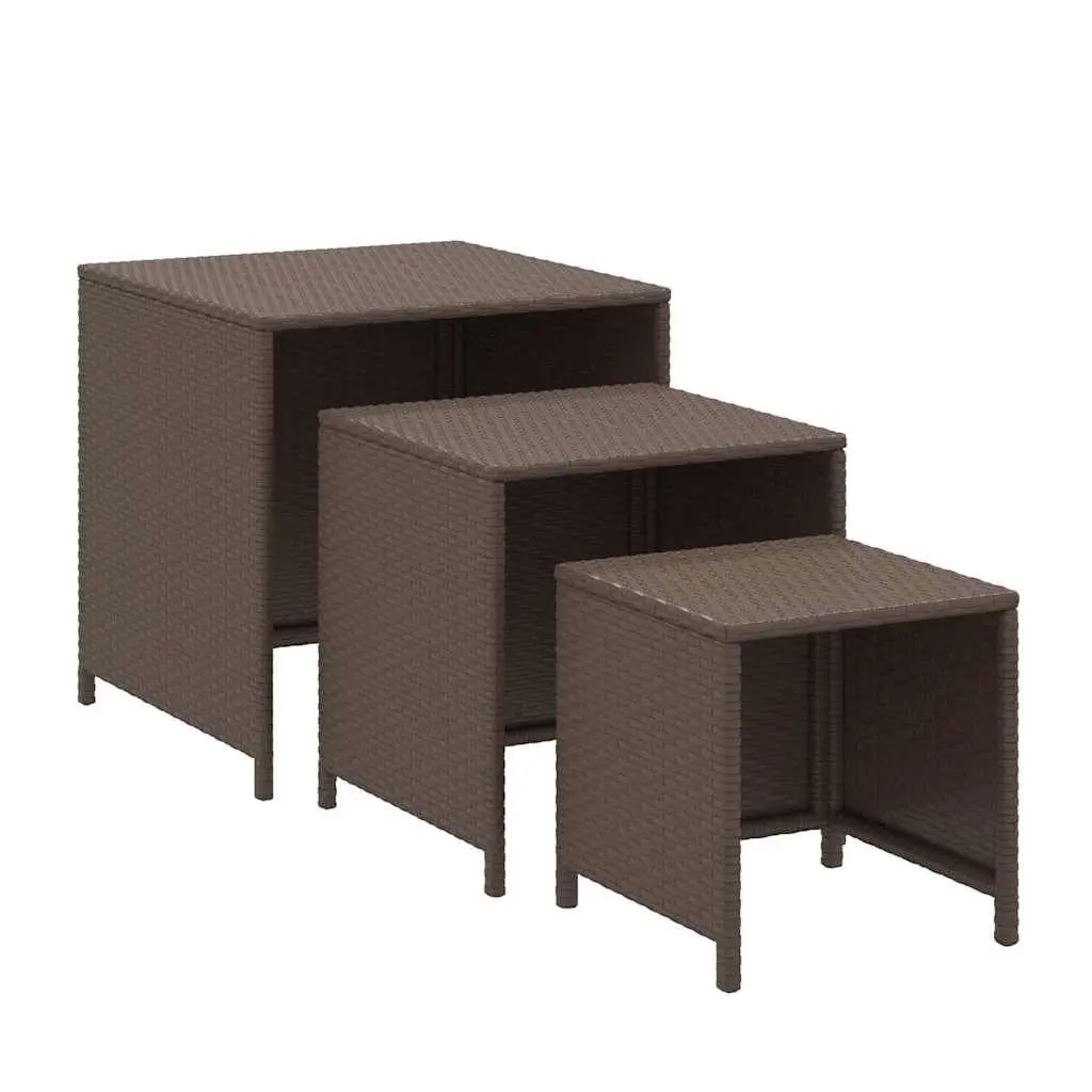 Nesting Tables Set Brown PE Rattan Powder-Coated Steel Frame 3 Piece