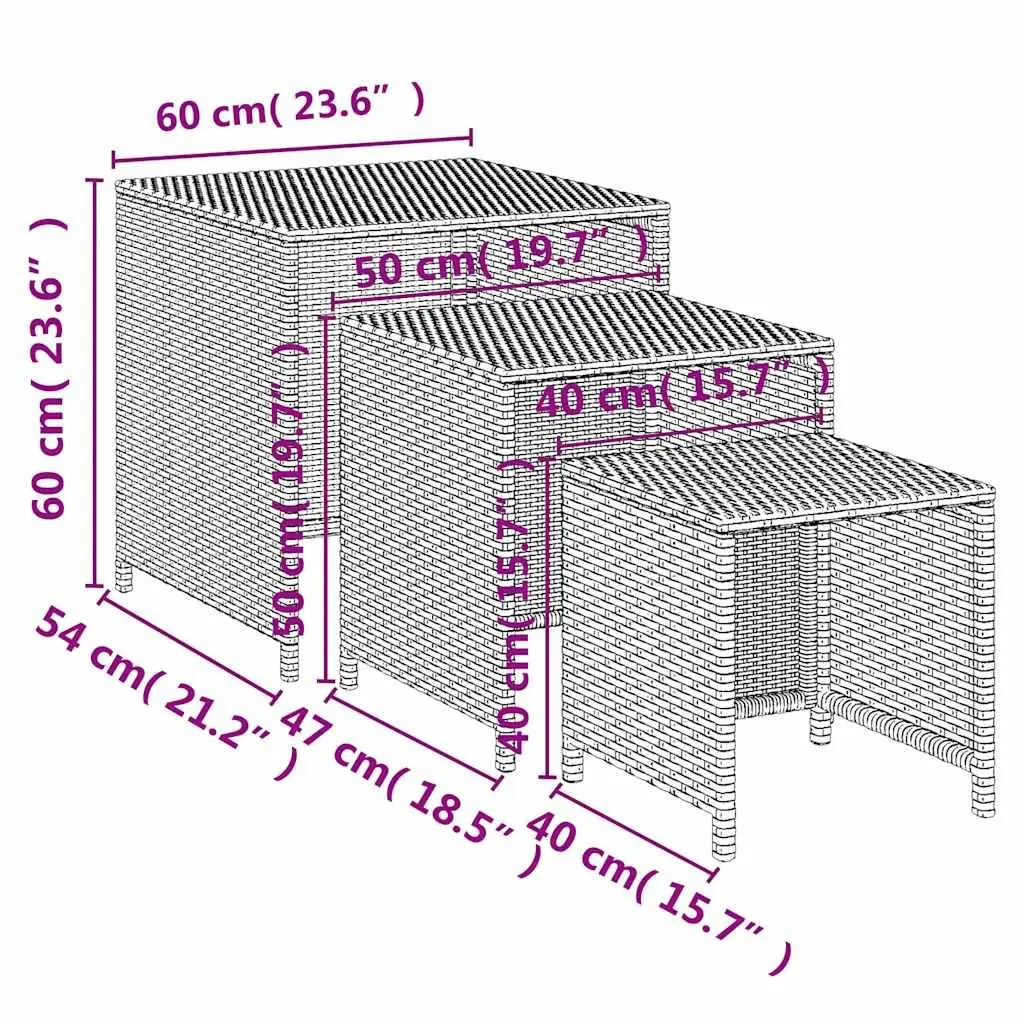 Nesting Tables Set Brown PE Rattan Powder-Coated Steel Frame 3 Piece