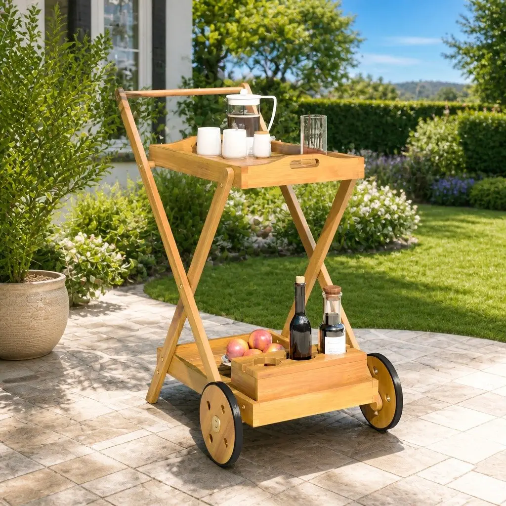 Tea Trolley 54x87x90cm 2-Tier Kitchen Dining Cart Brown Solid Wood Acacia Wheels