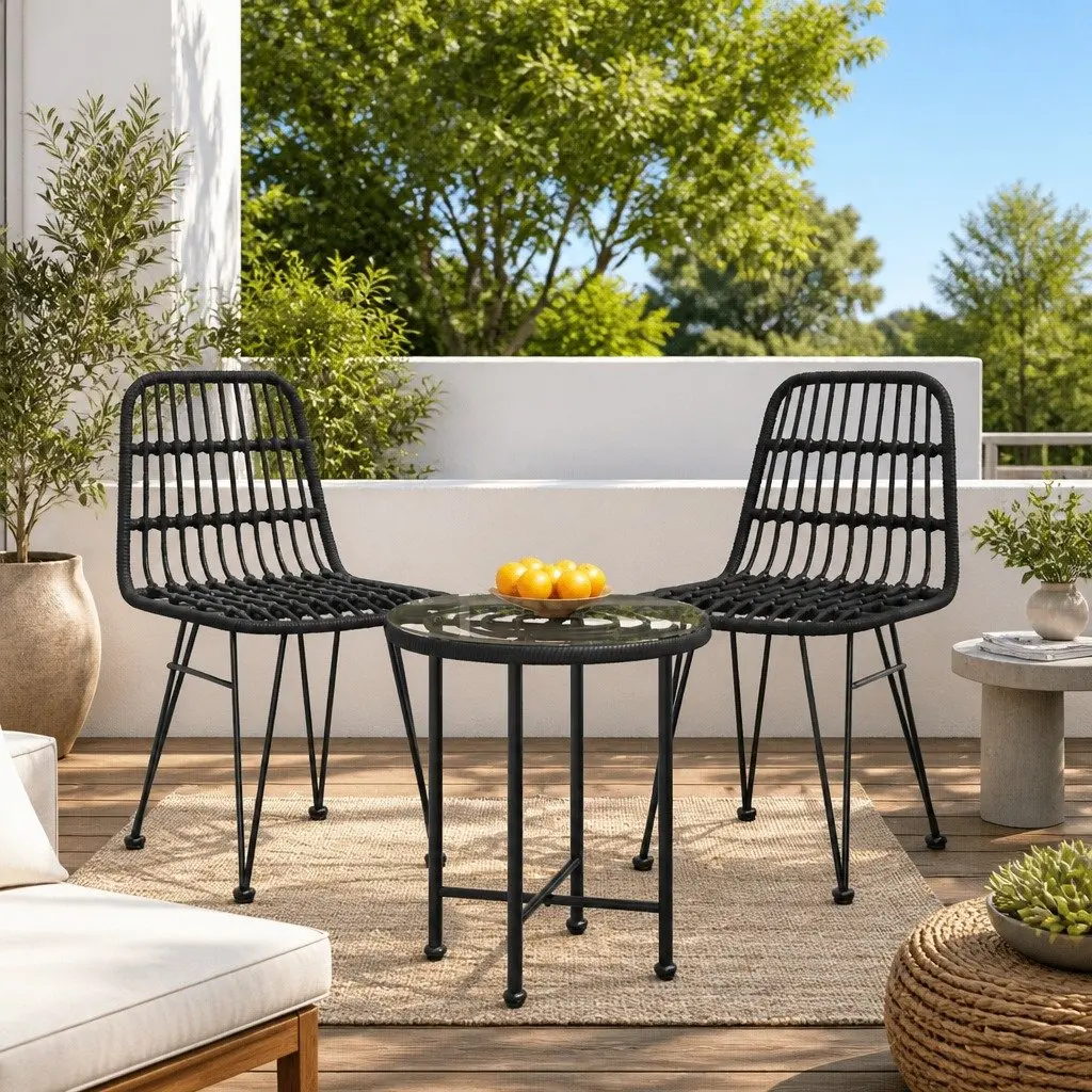 Outdoor Garden Chairs Black PE Rattan Steel Frame 2 Piece