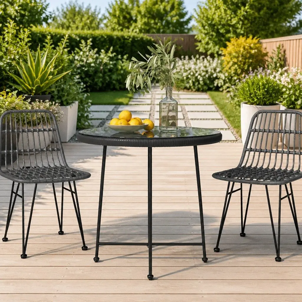 Round Outdoor Dining Table Black Steel Frame 80cm Tempered Glass Top Garden Bistro Furniture