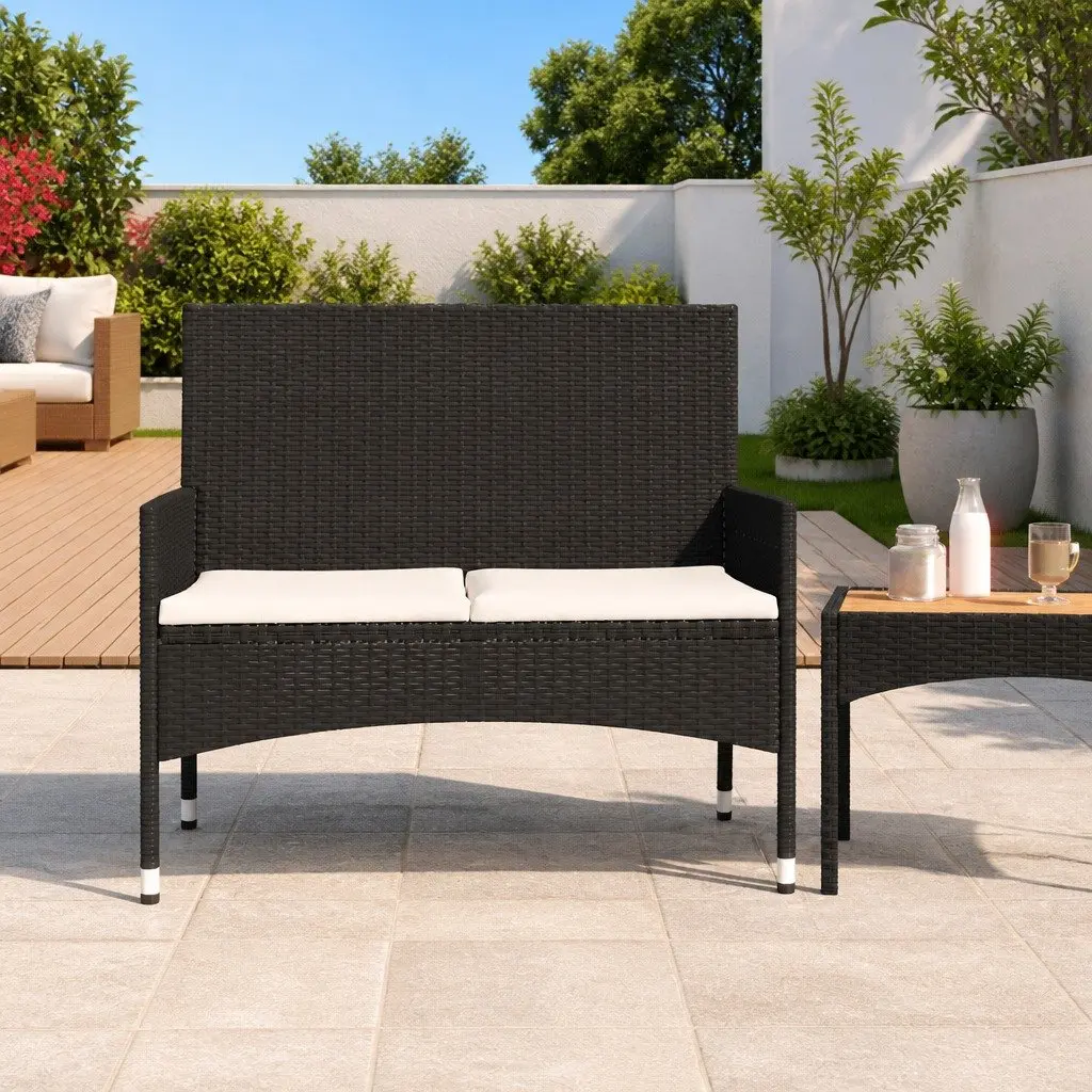 2-Seater Garden Bench with Cushions Black Poly Rattan Outdoor Furniture