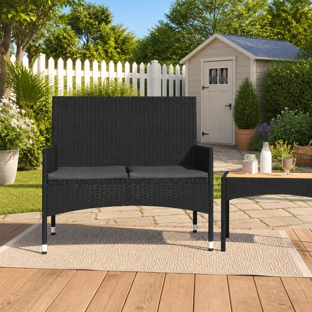 2-Seater Outdoor Garden Bench with Cushions Armrest Backrest Black Poly Rattan