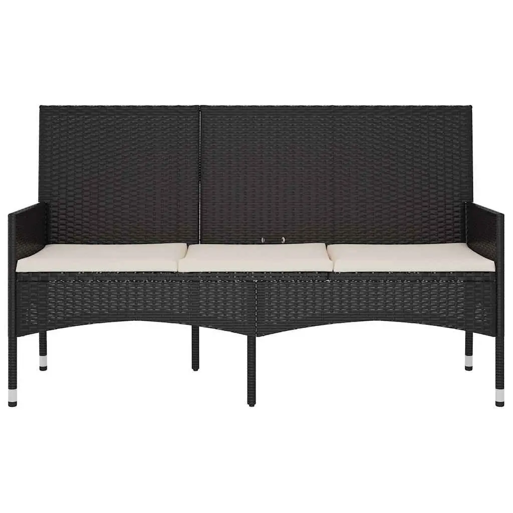 3-Seater Garden Bench Outdoor Lounge Seating with Cushions Black Poly Rattan