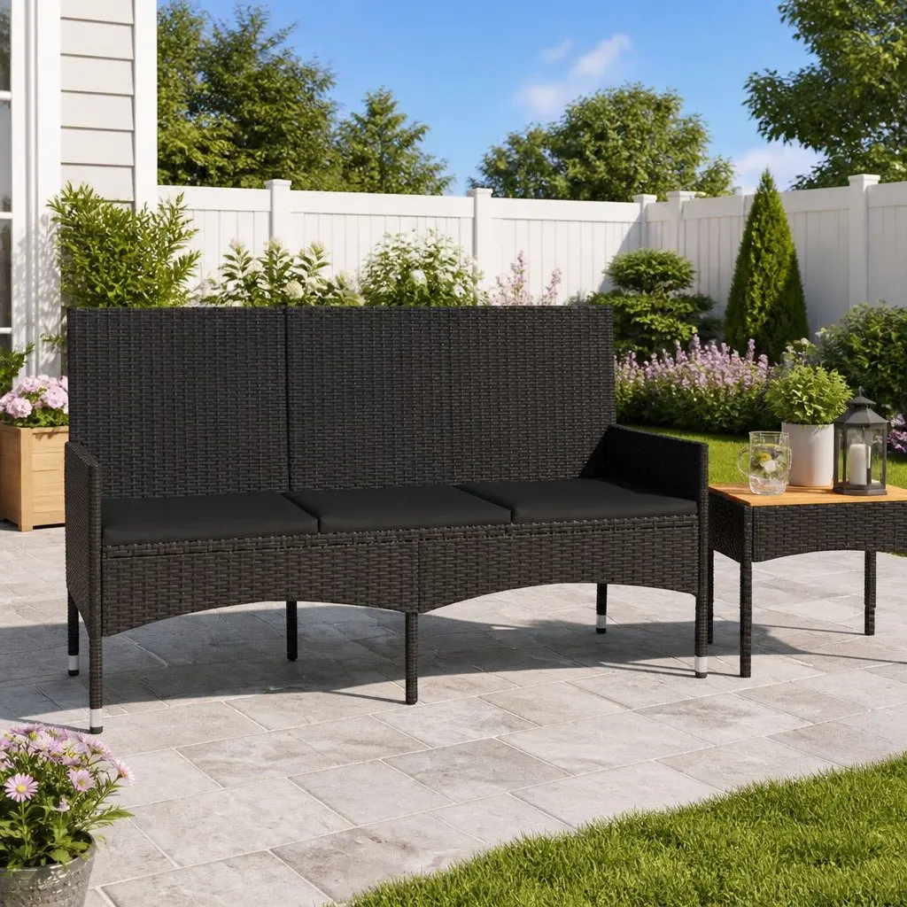 3-Seater Garden Bench Black Poly Rattan with Cushions Armrest Backrest