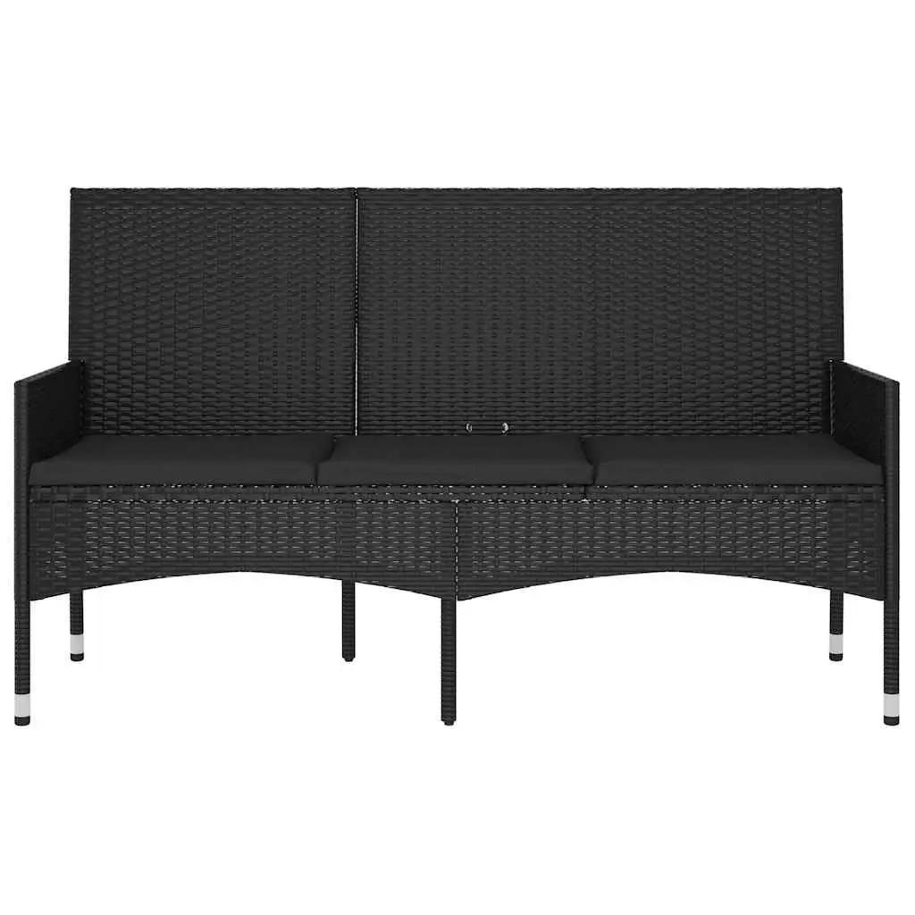 3-Seater Garden Bench Black Poly Rattan with Cushions Armrest Backrest
