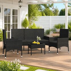 4 Piece Outdoor Garden Lounge Set with Cushions Black Poly Rattan Patio