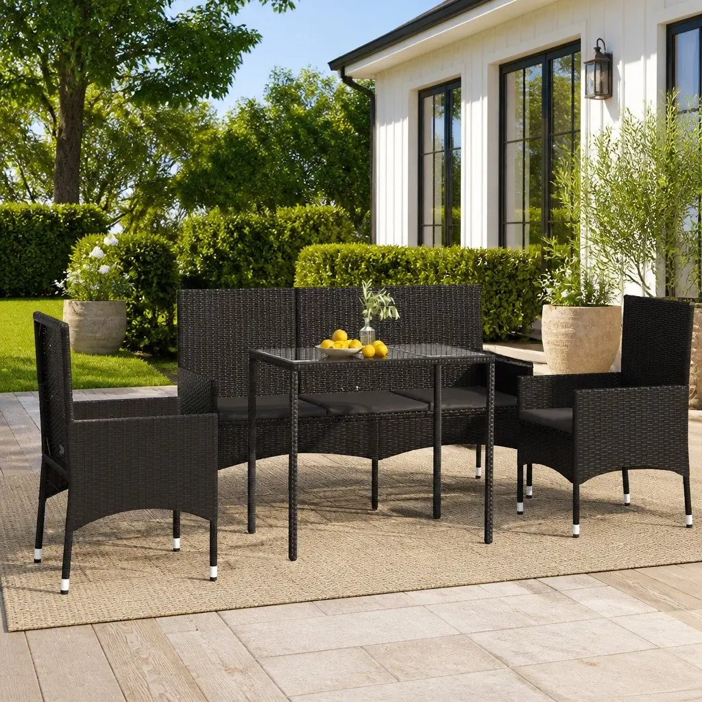 Black Poly Rattan 4 Piece Garden Lounge Set with Cushions Outdoor Furniture