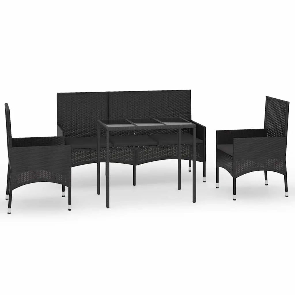 Black Poly Rattan 4 Piece Garden Lounge Set with Cushions Outdoor Furniture