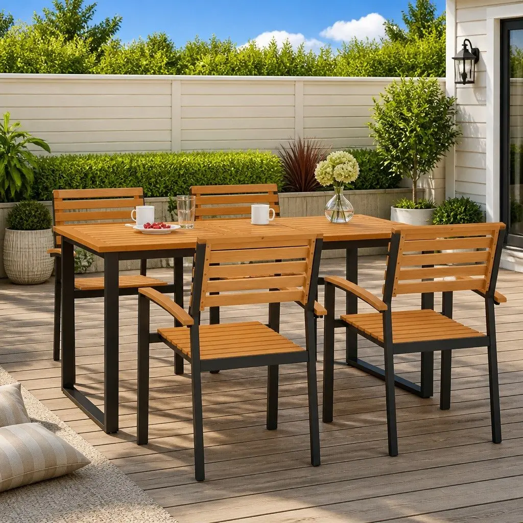 Outdoor Dining Table Solid Acacia Wood Brown 160x80x75cm U-Shaped Metal Legs