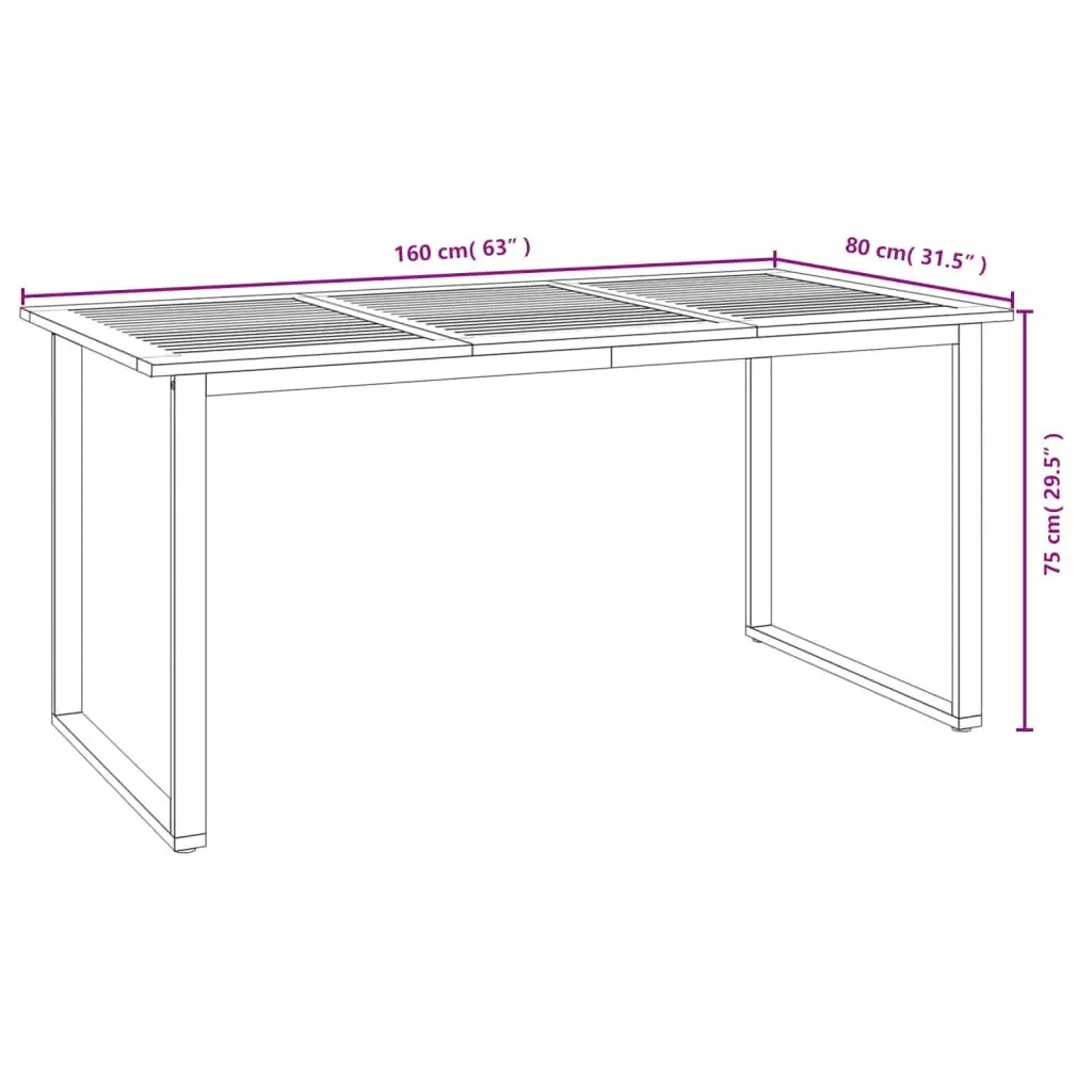 Outdoor Dining Table Solid Acacia Wood Brown 160x80x75cm U-Shaped Metal Legs