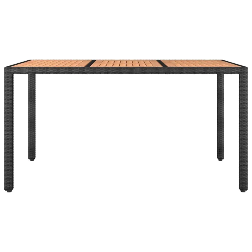 Garden Table Wooden Top Black Poly Rattan Outdoor Patio Furniture