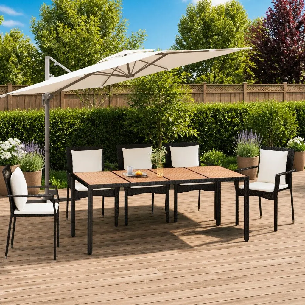 Garden Table Poly Rattan Frame Acacia Wooden Top Black