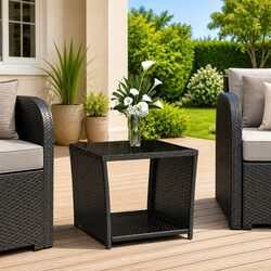 Outdoor Tea Table Glass Top Black Poly Rattan Patio Garden Furniture