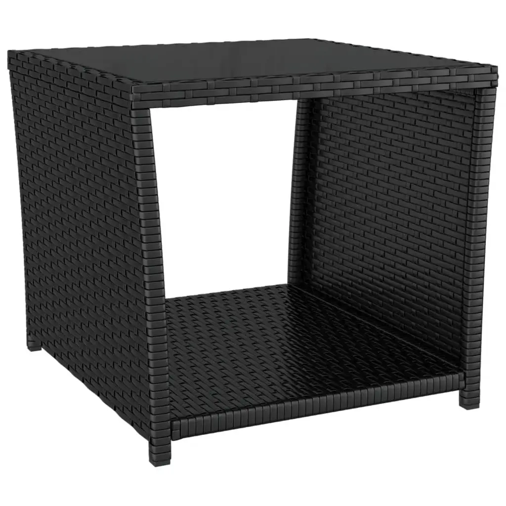 Outdoor Tea Table Black Poly Rattan Glass Top Tempered Glass