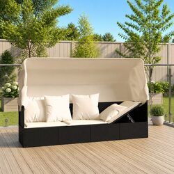 Outdoor Lounge Bed Sun Lounger with Adjustable Roof Cushions Black Poly Rattan