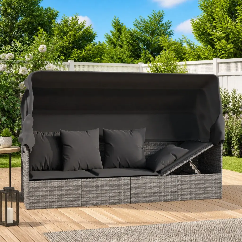 Outdoor Lounge Bed Adjustable Canopy Roof Grey Poly Rattan