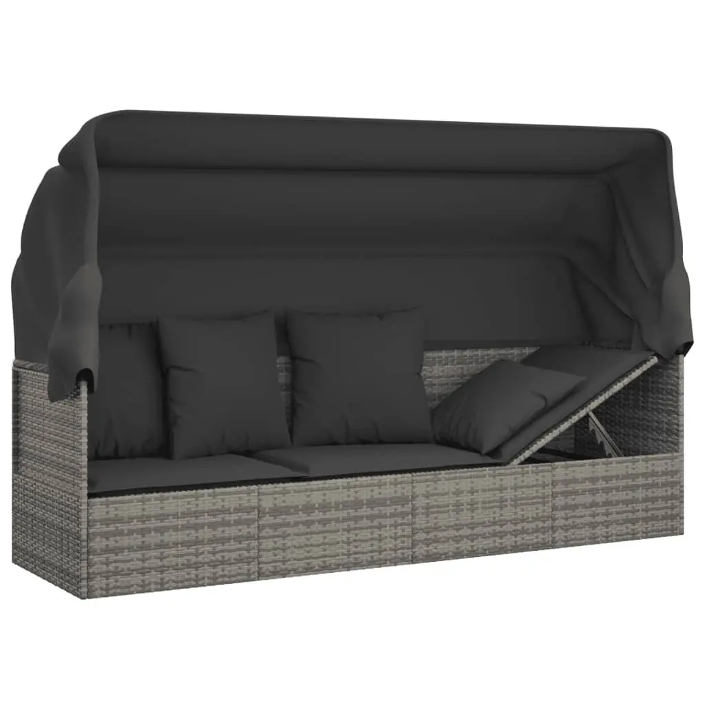 Outdoor Lounge Bed Adjustable Canopy Roof Grey Poly Rattan