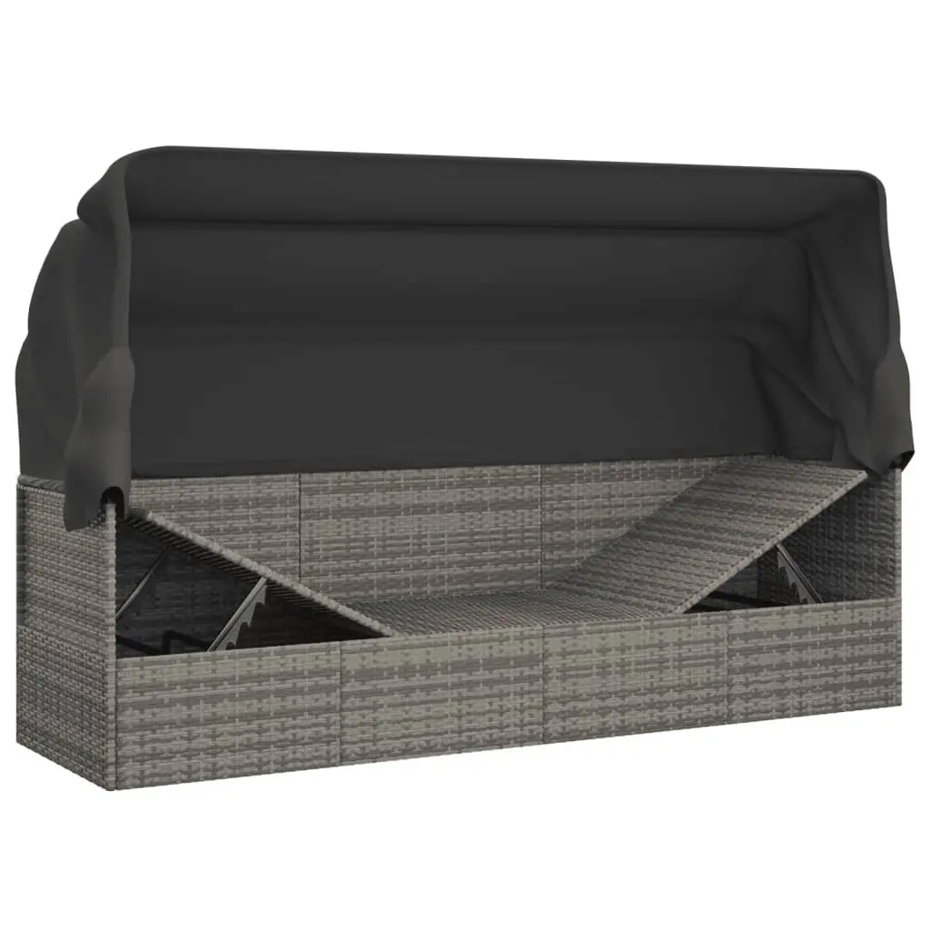 Outdoor Lounge Bed Adjustable Canopy Roof Grey Poly Rattan