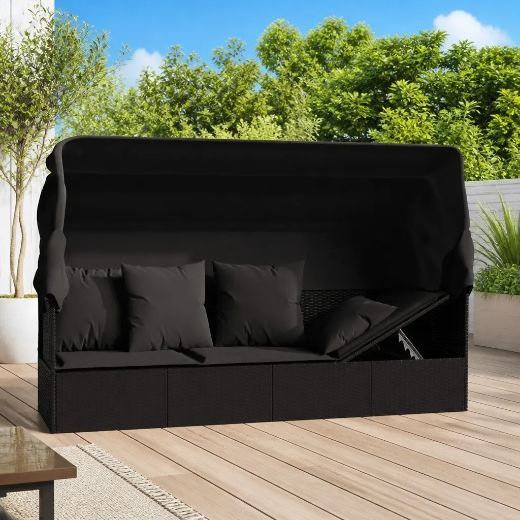 Outdoor Sun Lounge Bed with Adjustable Roof Cushions Black Poly Rattan Garden