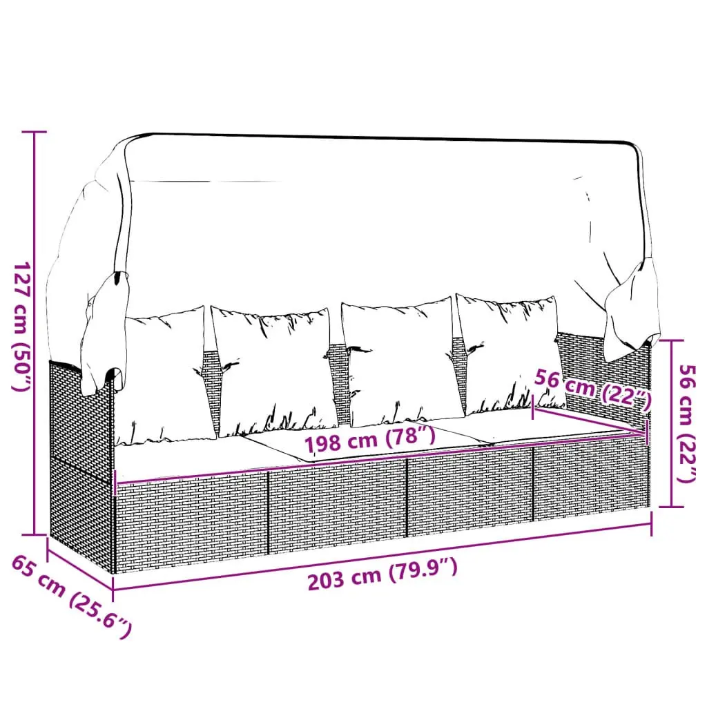 Outdoor Lounge Bed with Retractable Roof Cushions Adjustable Black Poly Rattan