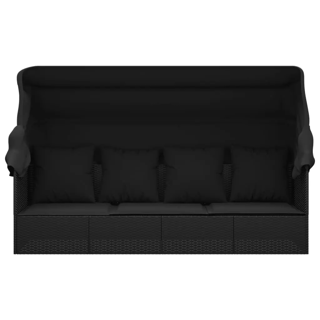 Outdoor Lounge Bed with Retractable Roof Cushions Adjustable Black Poly Rattan