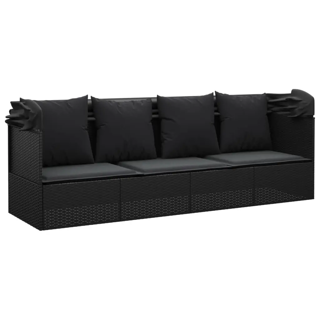 Outdoor Lounge Bed with Retractable Roof Cushions Adjustable Black Poly Rattan