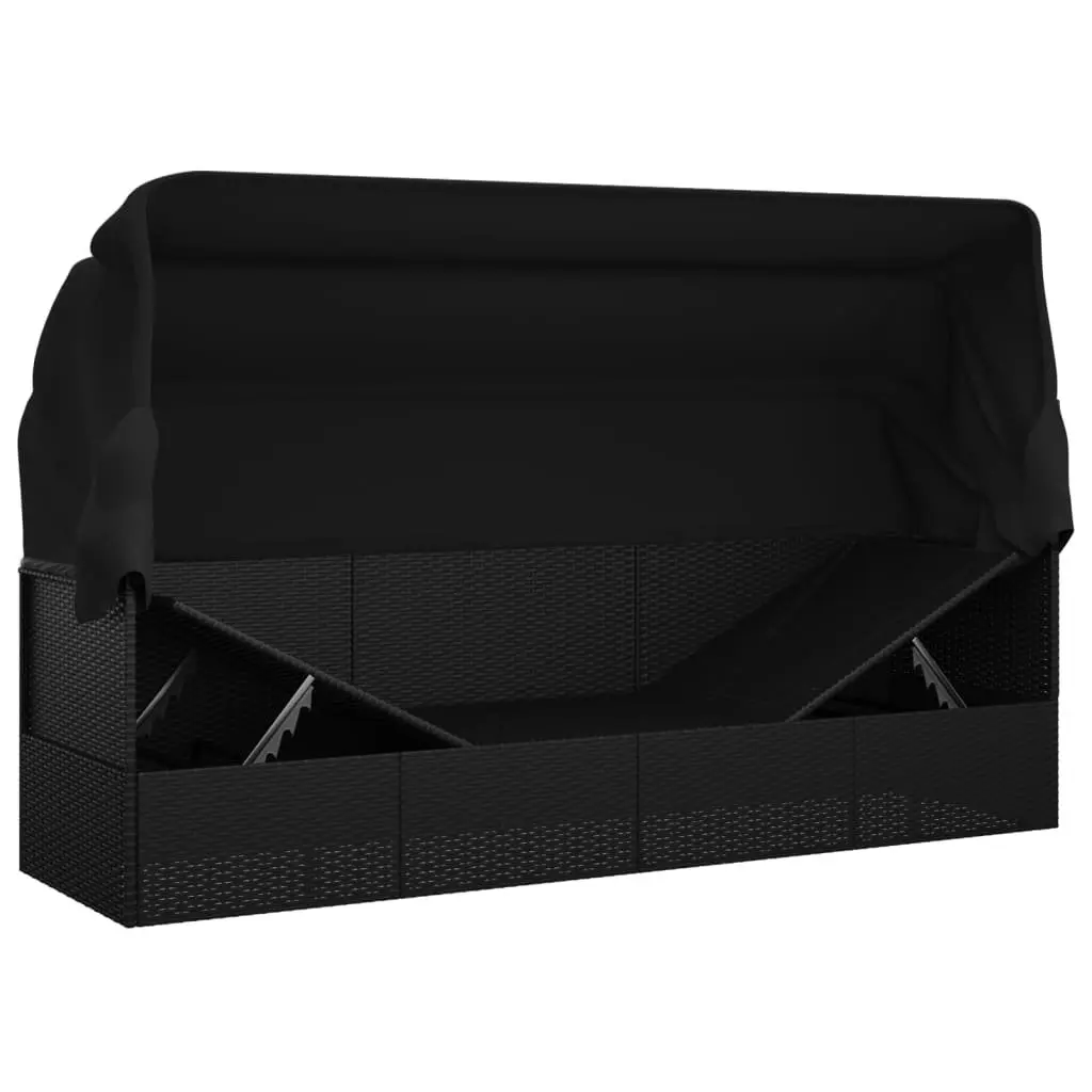 Outdoor Lounge Bed with Retractable Roof Cushions Adjustable Black Poly Rattan