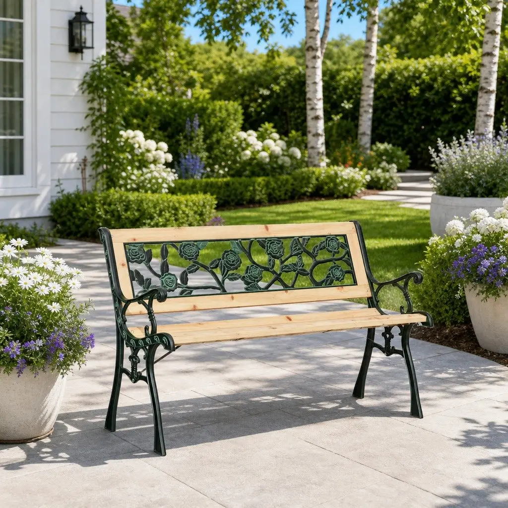 Garden Bench Brown Wooden Outdoor Seating with Cushion 116 x 54 x 73 cm