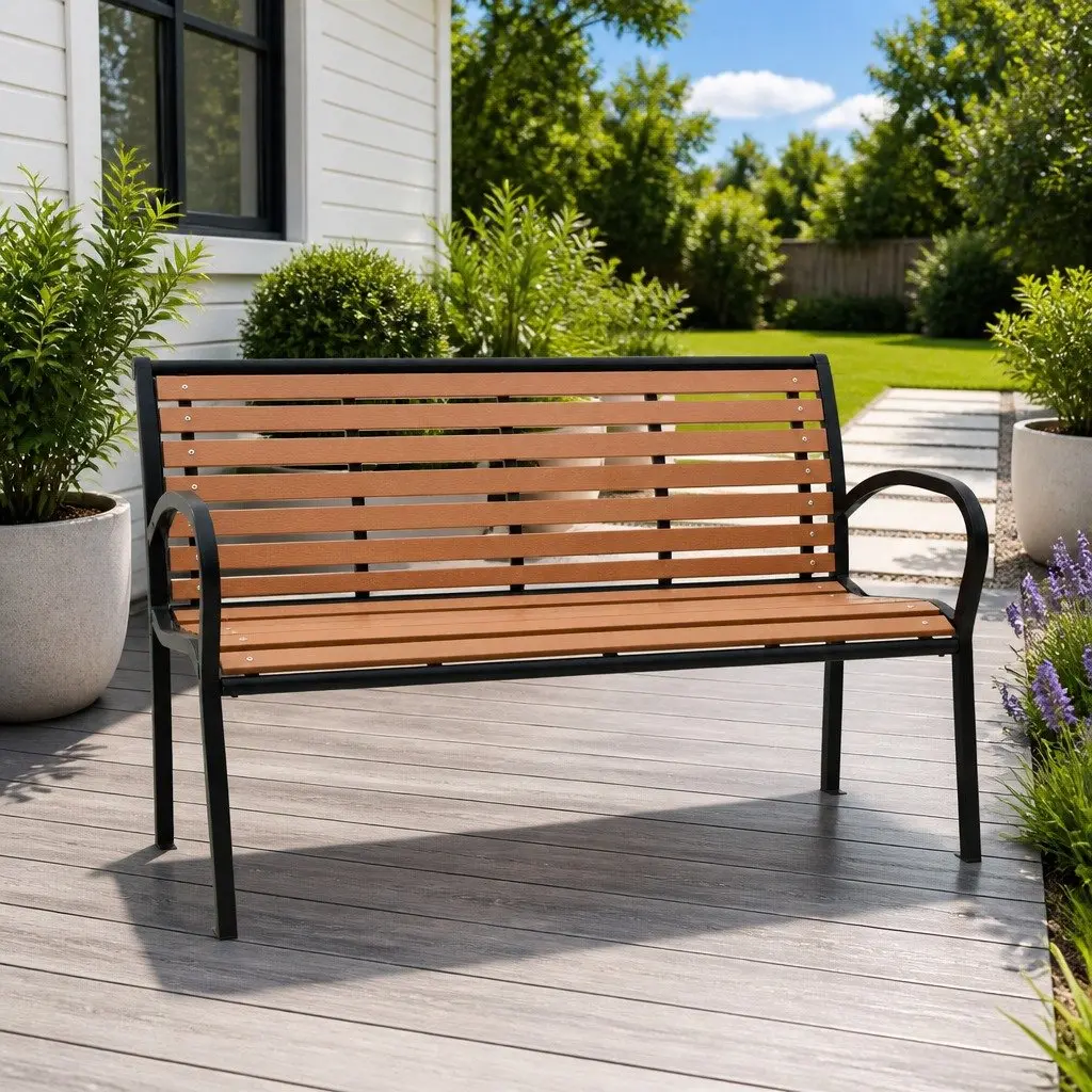 Garden Bench Brown 116cm Steel Frame WPC Slats Backrest