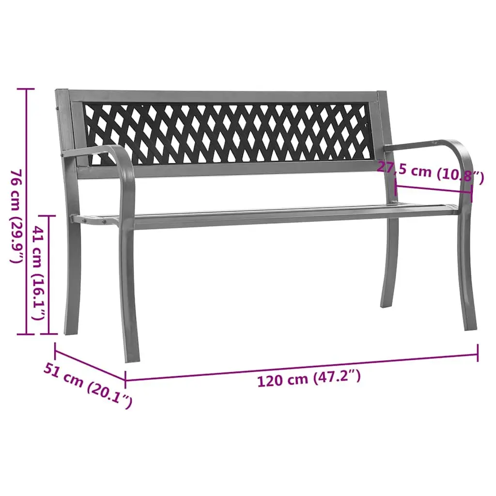 Garden Bench Steel Frame 120cm Black Outdoor Seating with Backrest