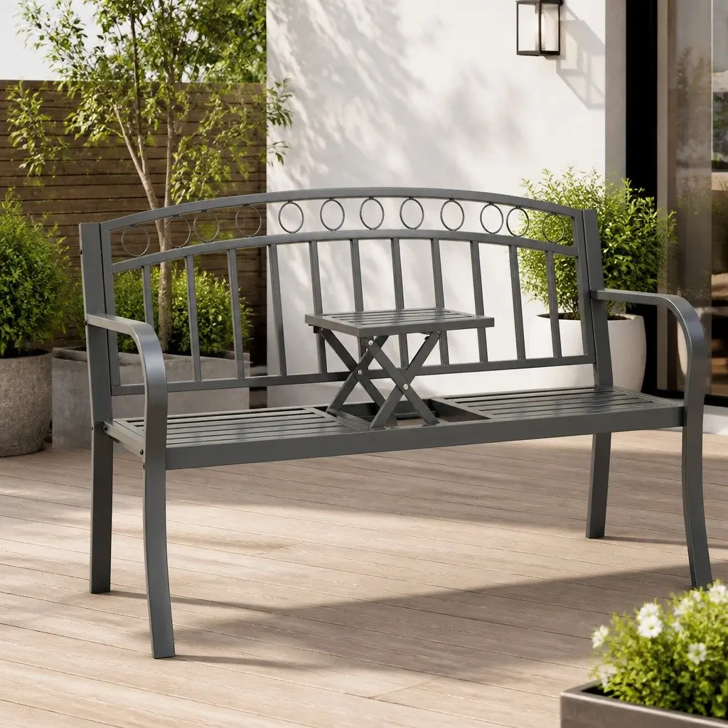 Garden Bench with Table 120cm Grey Steel Outdoor Seat Patio Garden Furniture
