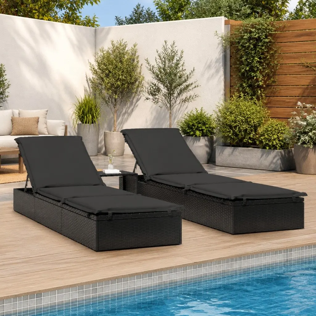 Sun Loungers Adjustable Black Poly Rattan 2 pcs with Table