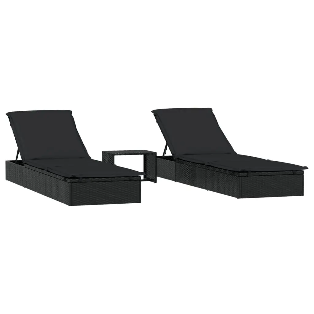 Sun Loungers Adjustable Black Poly Rattan 2 pcs with Table