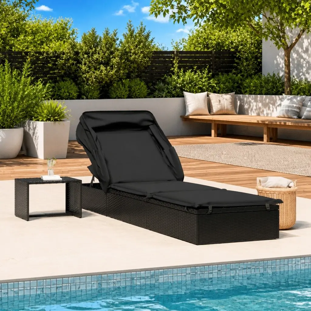 Sun Lounger Foldable Roof Adjustable Reclining Daybed Outdoor Patio 213x63x97 cm