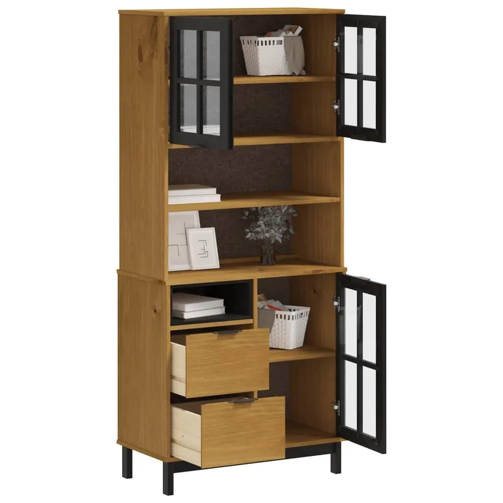 Highboard Storage Cabinet with Glass Doors Shelves Drawers Solid Pine Wood