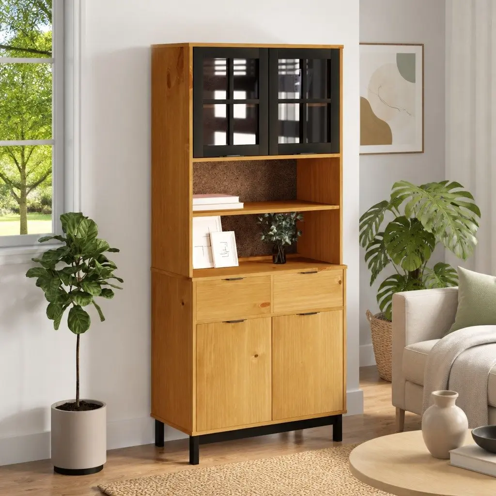 Highboard with Glass Doors Brown Solid Wood Storage Cabinet Shelves Drawers