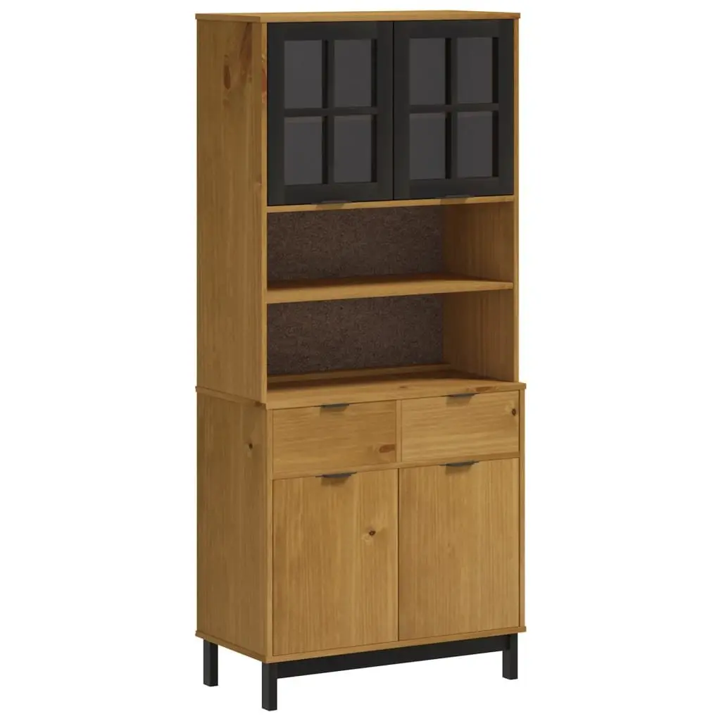 Highboard with Glass Doors Brown Solid Wood Storage Cabinet Shelves Drawers