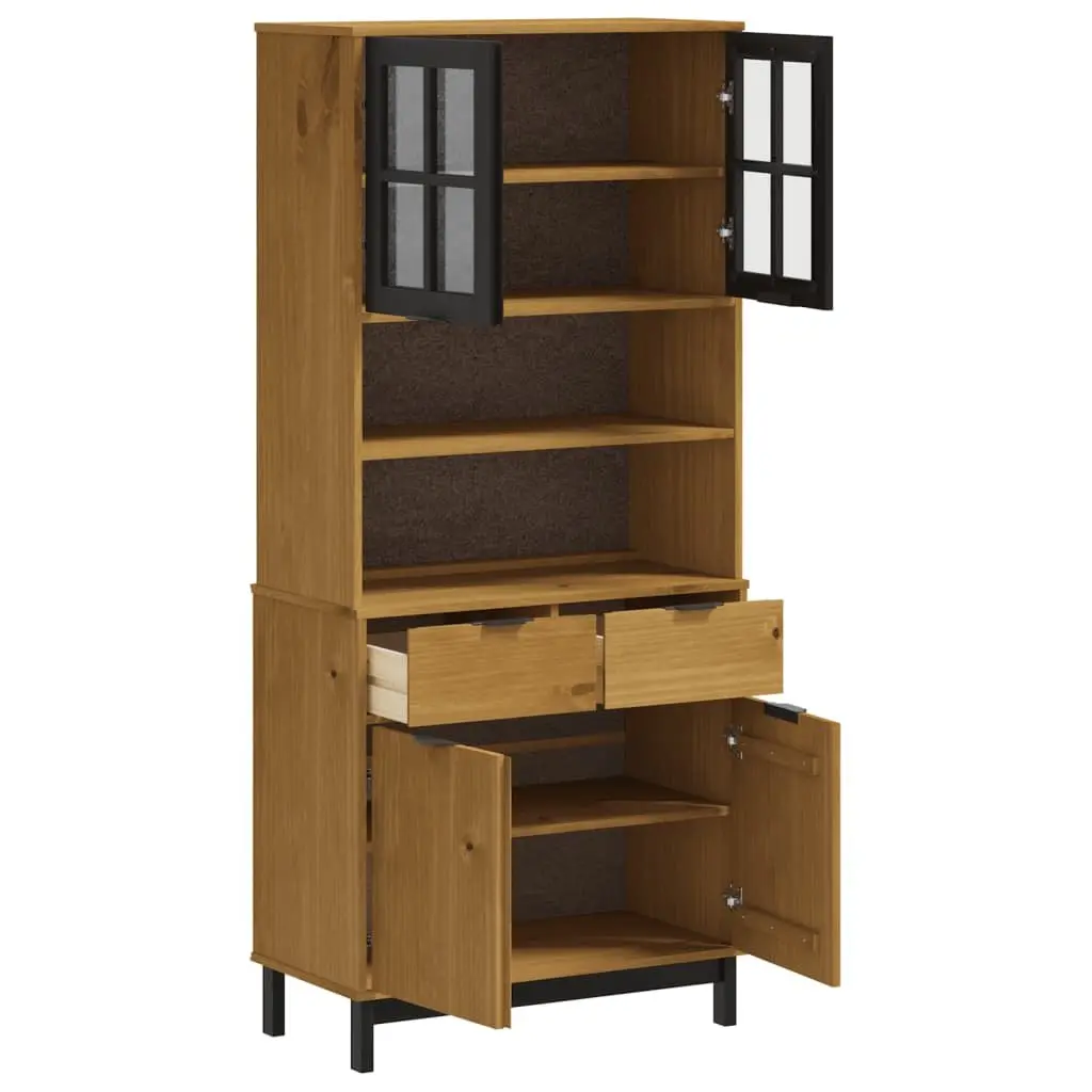Highboard with Glass Doors Brown Solid Wood Storage Cabinet Shelves Drawers