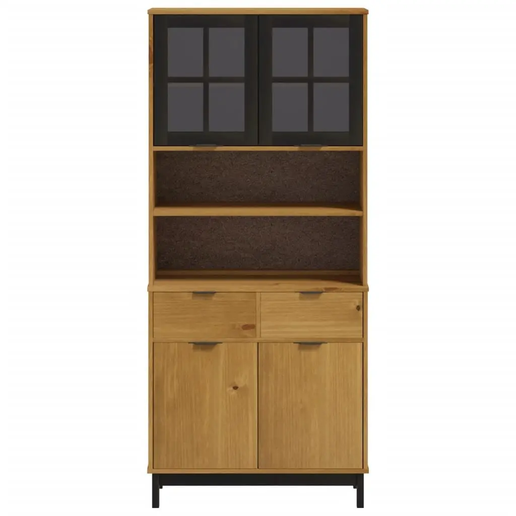 Highboard with Glass Doors Brown Solid Wood Storage Cabinet Shelves Drawers